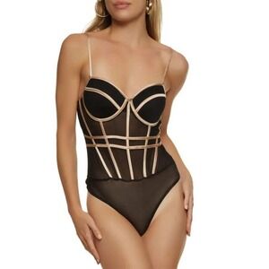 Iris Basic Black Mesh Bodysuit Champagne Gold Piping Bustier Corset Top Sm (125)